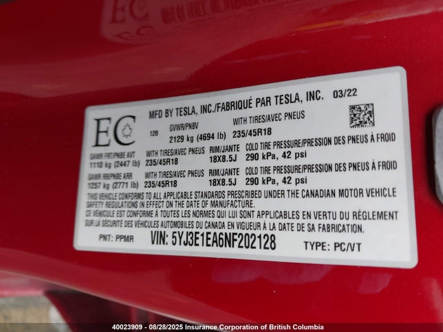 5YJ3E1EA6NF202128 Tesla MODEL 3