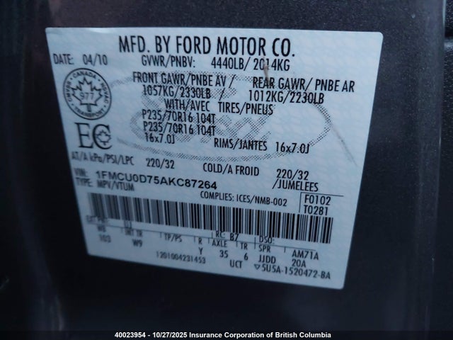 Продажа на аукционе авто 2010 Ford Escape Xlt, vin: 1FMCU0D75AKC87264, номер лота: 40023954