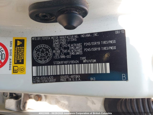 Toyota 2gr-fe 2015 5TDDKRFH0FS195424 Image 9