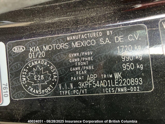 3KPF54AD1LE220893 KIA mpi nu