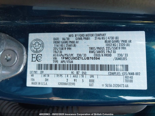 Ford Escape 2020 1FMCU9DZ1LUB76594 Image 9