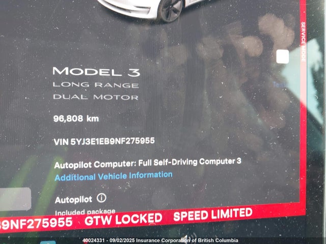 5YJ3E1EB9NF275955 Tesla MODEL 3