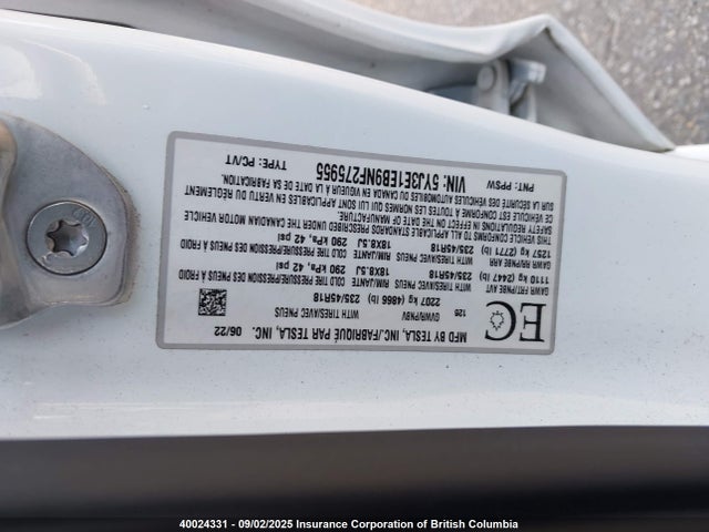 5YJ3E1EB9NF275955 Tesla MODEL 3