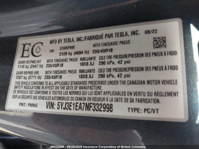 Tesla 2022 2022 5YJ3E1EA7NF332998 Image 9