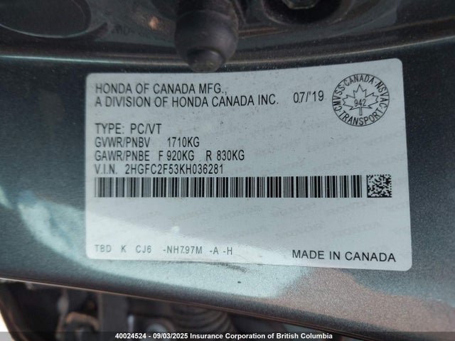 Honda k20c2 2019 2HGFC2F53KH036281 Image 9