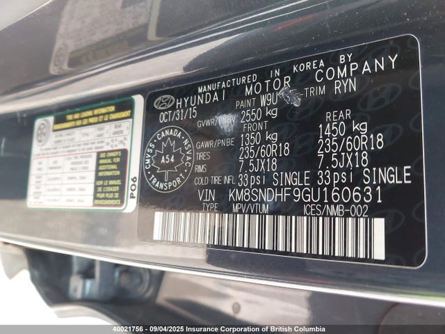 KM8SNDHF9GU160631 Hyundai gdi lambda ii