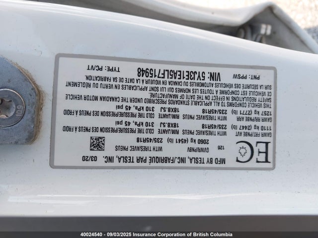 5YJ3E1EA5LF715948 Tesla MODEL 3