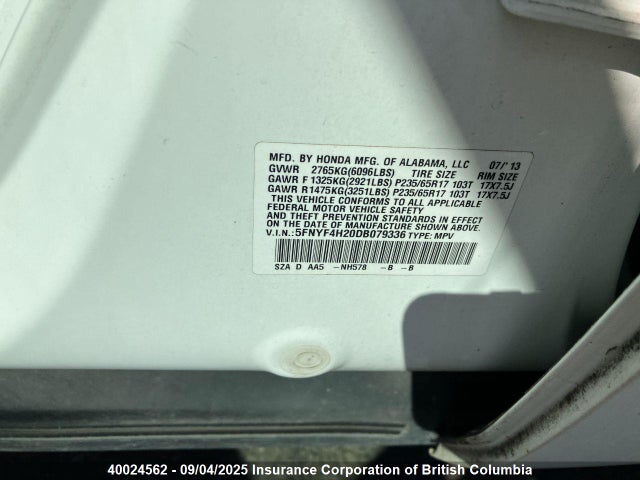Продажа на аукционе авто 2013 Honda Pilot, vin: 5FNYF4H20DB079336, номер лота: 40024562