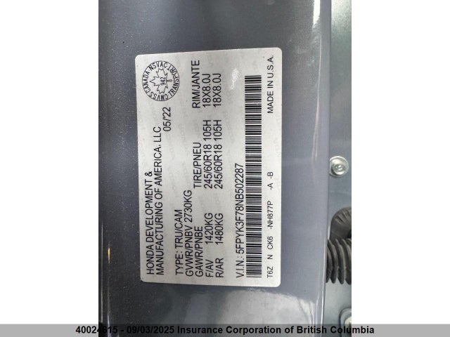 Honda j35y6 2022 5FPYK3F78NB502287 Image 12