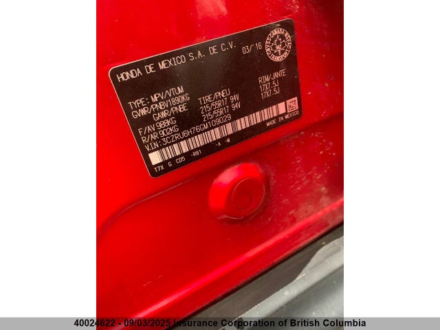 3CZRU6H76GM109029 Honda r18z9