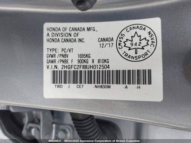 Honda k20c2 2018 2HGFC2F88JH012504 Image 9