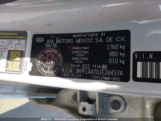 3KPFL4A70JE264574 KIA mpi nu