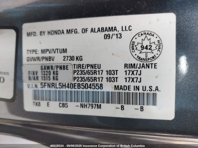 Honda j35z8 2014 5FNRL5H40EB504558 Image 9