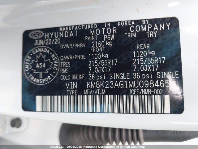 KM8K23AG1MU098465 Hyundai 2021