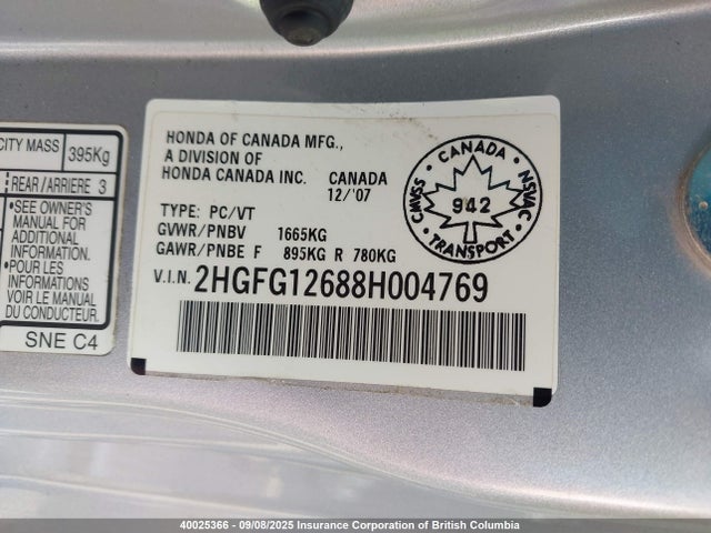 Aukcja sprzedaży 2008 Honda Civic, vin: 2HGFG12688H004769, numer aukcji: 40025366