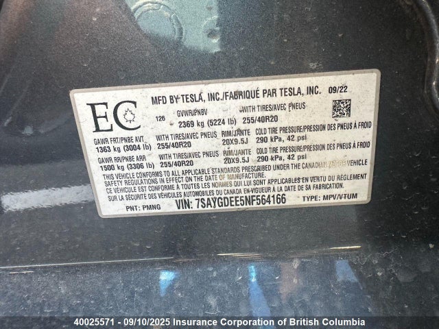 7SAYGDEE5NF564166 Tesla Model Y