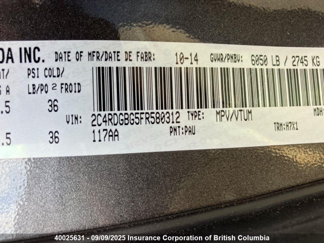 2C4RDGBG5FR580312 Dodge Grand Caravan