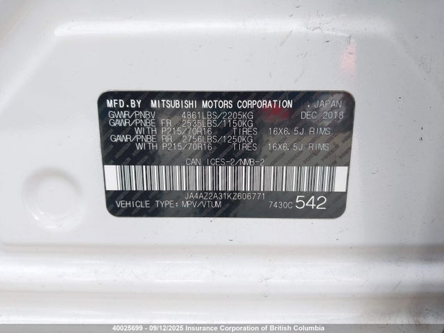 Mitsubishi mivec 2019 JA4AZ2A31KZ606771 Image 9