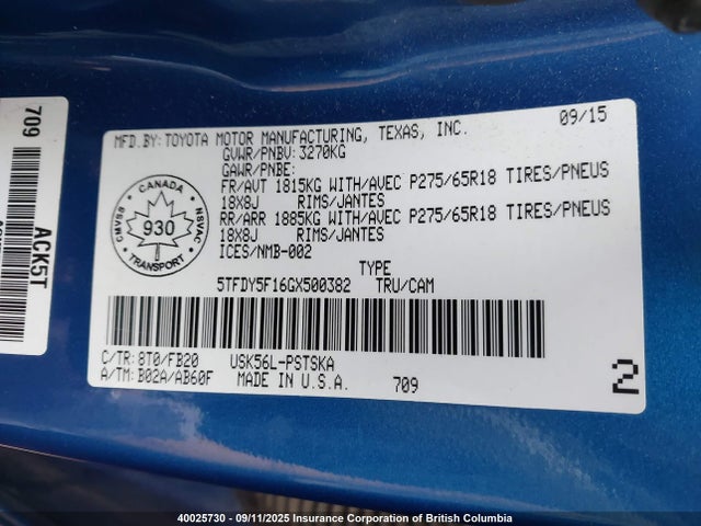 5TFDY5F16GX500382 Toyota 3ur-fe