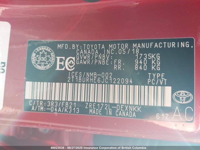 2T1BURHE6JC122094 Toyota 2zr-fe