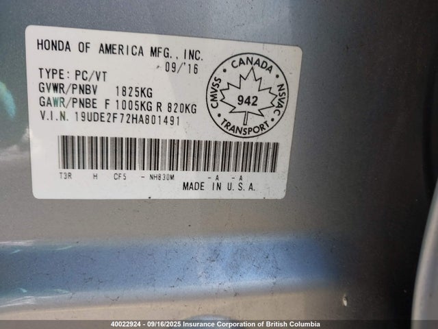 Acura k24v7 2017 19UDE2F72HA801491 Image 9