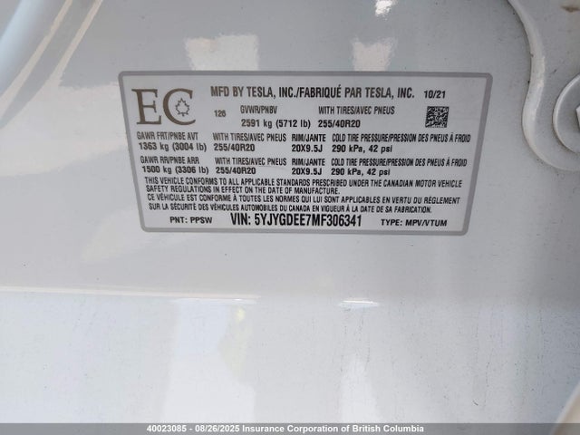 5YJYGDEE7MF306341 Tesla Model Y