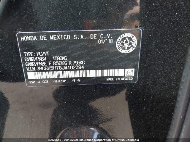 3HGGK5H78JM102394 Honda l15b1