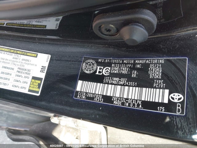 40025887 :رقم المزاد ، 5YFBPMBE0MP243551 vin ، 2021 Toyota Corolla Le مزاد بيع