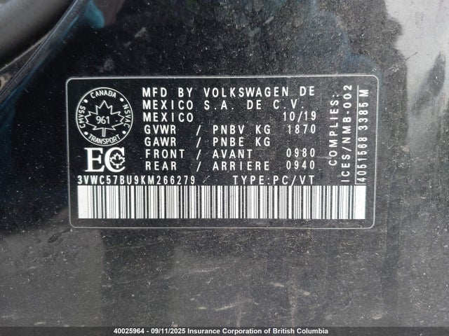 3VWC57BU9KM266279 Volkswagen 1.4 tsi