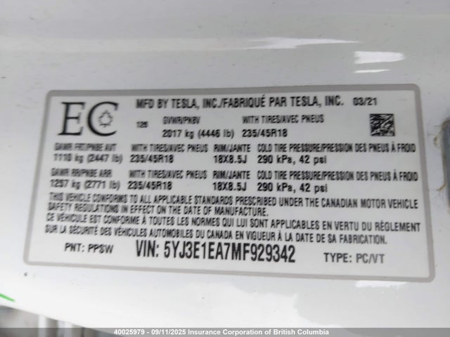 5YJ3E1EA7MF929342 Tesla MODEL 3
