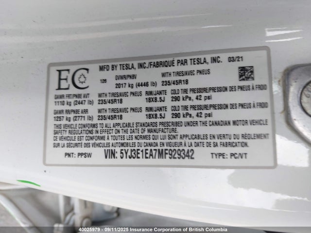 5YJ3E1EA7MF929342 Tesla MODEL 3