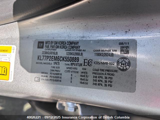 Aukcja sprzedaży 2012 Chevrolet Orlando Lt, vin: KL77P2EM6CK550889, numer aukcji: 40026221