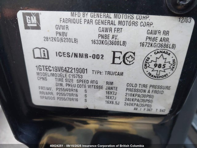 Aukcja sprzedaży 2004 Gmc New Sierra C1500, vin: 1GTEC19V64Z219001, numer aukcji: 40024251