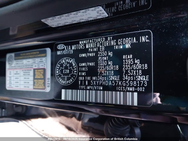 5XYPHDA57KG598173 KIA gdi lambda-ii