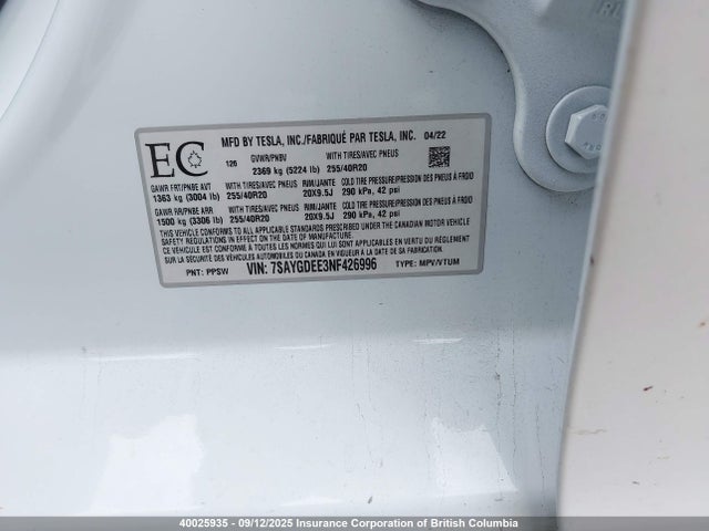 7SAYGDEE3NF426996 Tesla Model Y
