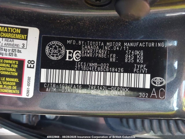 40022908 :رقم المزاد ، 2T1BU4EE8BC618426 vin ، 2011 Toyota Corolla S/le مزاد بيع