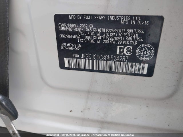 Subaru naturally aspirated c0 2016 JF2SJCHC8GH524287 Image 9