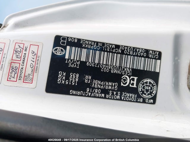 VNKJTUD38HA072309 Toyota 1nz-fe