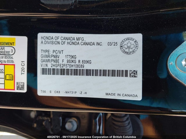 Honda k20c9 2025 2HGFE2F57SH108089 Image 9