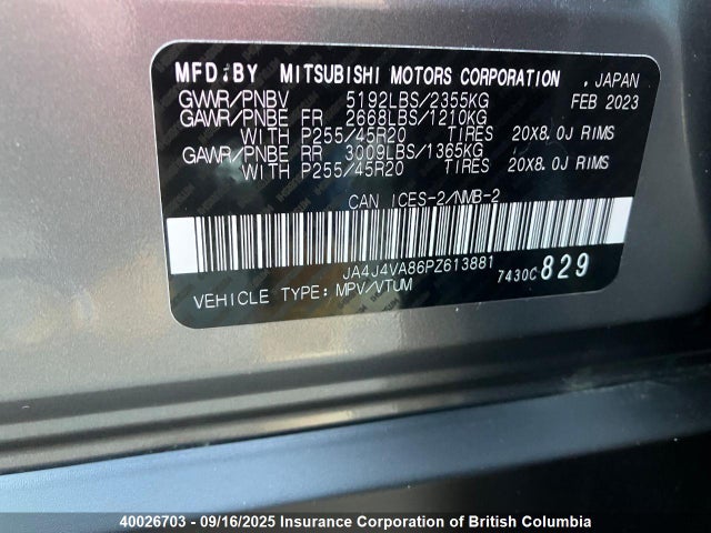 JA4J4VA86PZ613881 Mitsubishi Outlander