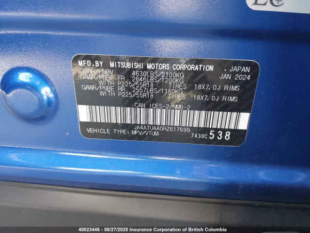 Mitsubishi tc/ic mivec 2024 JA4ATUAA0RZ617699 Image 9