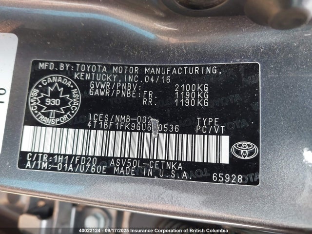 Toyota 2ar-fe 2016 4T1BF1FK9GU600536 Image 9