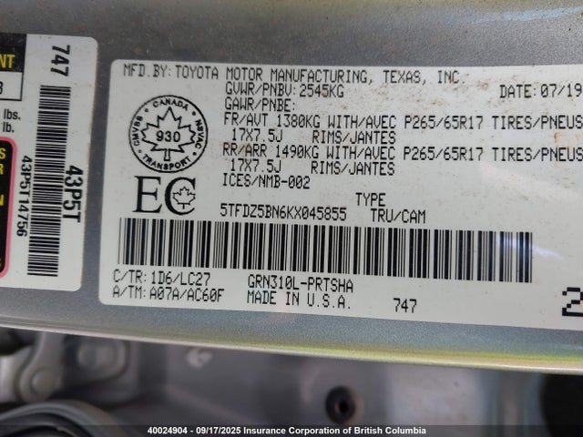 5TFDZ5BN6KX045855 Toyota 2gr-fks