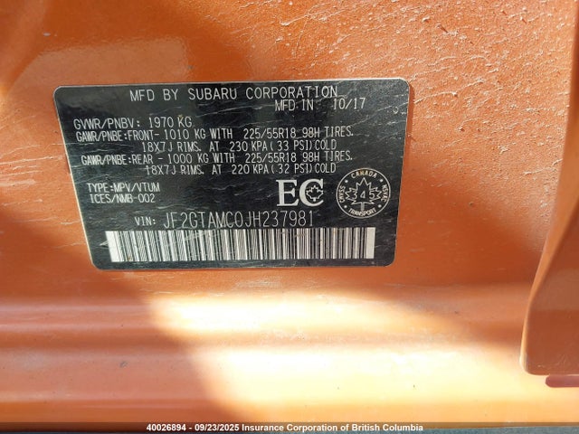 JF2GTAMC0JH237981 Subaru naturally aspirated