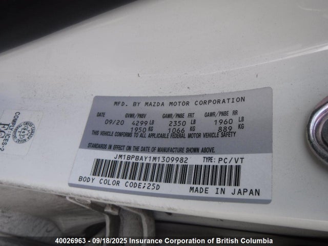 Продаж на аукціоні авто 2021 Mazda 3, vin: JM1BPBAY1M1309982, номер лоту: 40026963