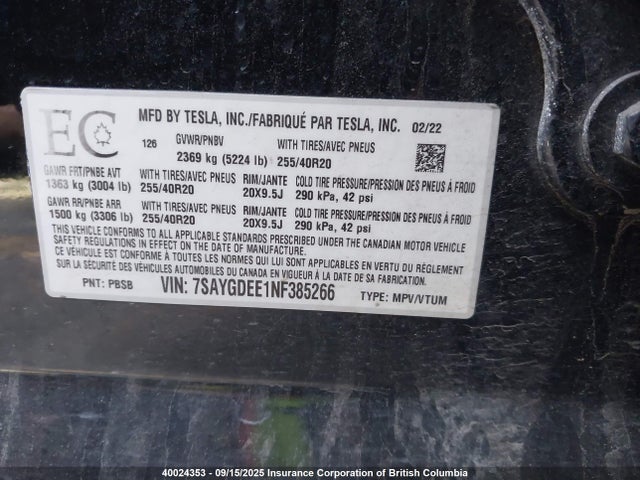 7SAYGDEE1NF385266 Tesla Model Y