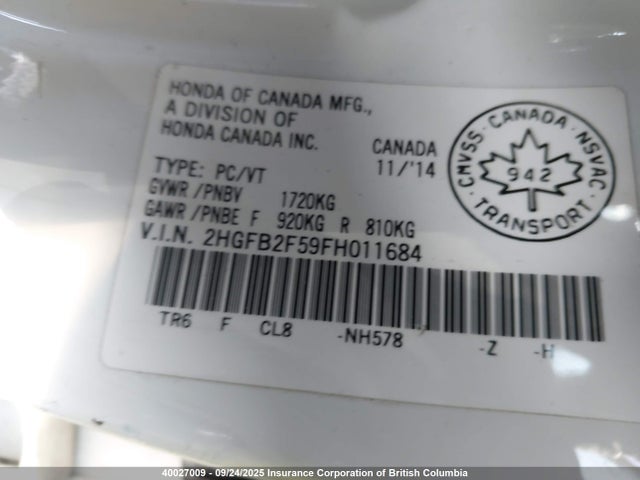 Honda r18z1 2015 2HGFB2F59FH011684 Image 18