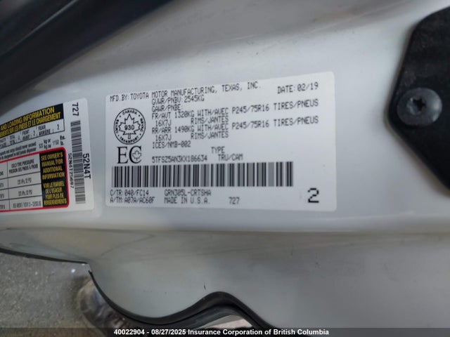 5TFSZ5AN3KX186634 Toyota 2gr-fks