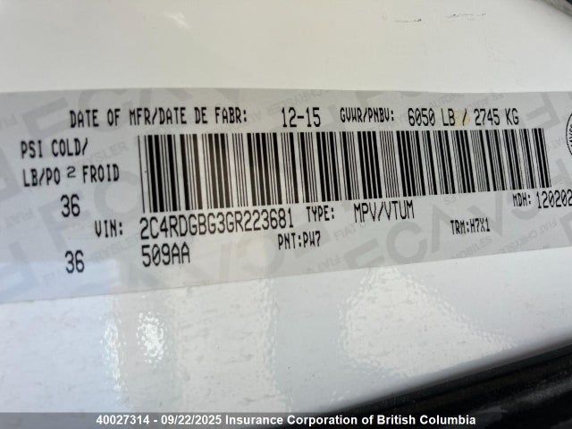 2C4RDGBG3GR223681 Dodge Grand Caravan