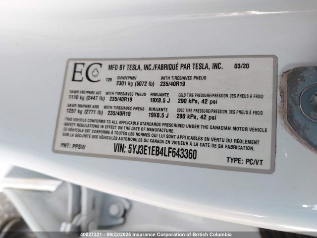5YJ3E1EB4LF643360 Tesla MODEL 3